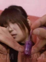 Yuuno Hoshi Asian gets fingers and vibrator through fishnets