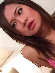 Eve Asian nymphet rubs her cunt with long nails and sucks shlong