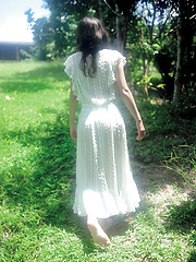 Neo Asian babe in white dress loves feeling her body in water