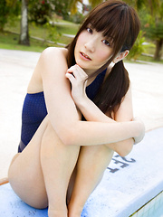 Anna Nakagawa Asian touches pussy in bath suit of the pool bars